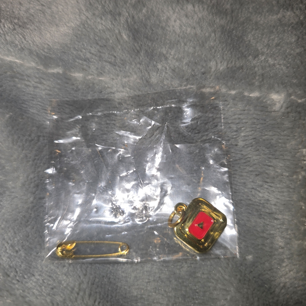 Gold and Red Square Pendant with Safety Pin